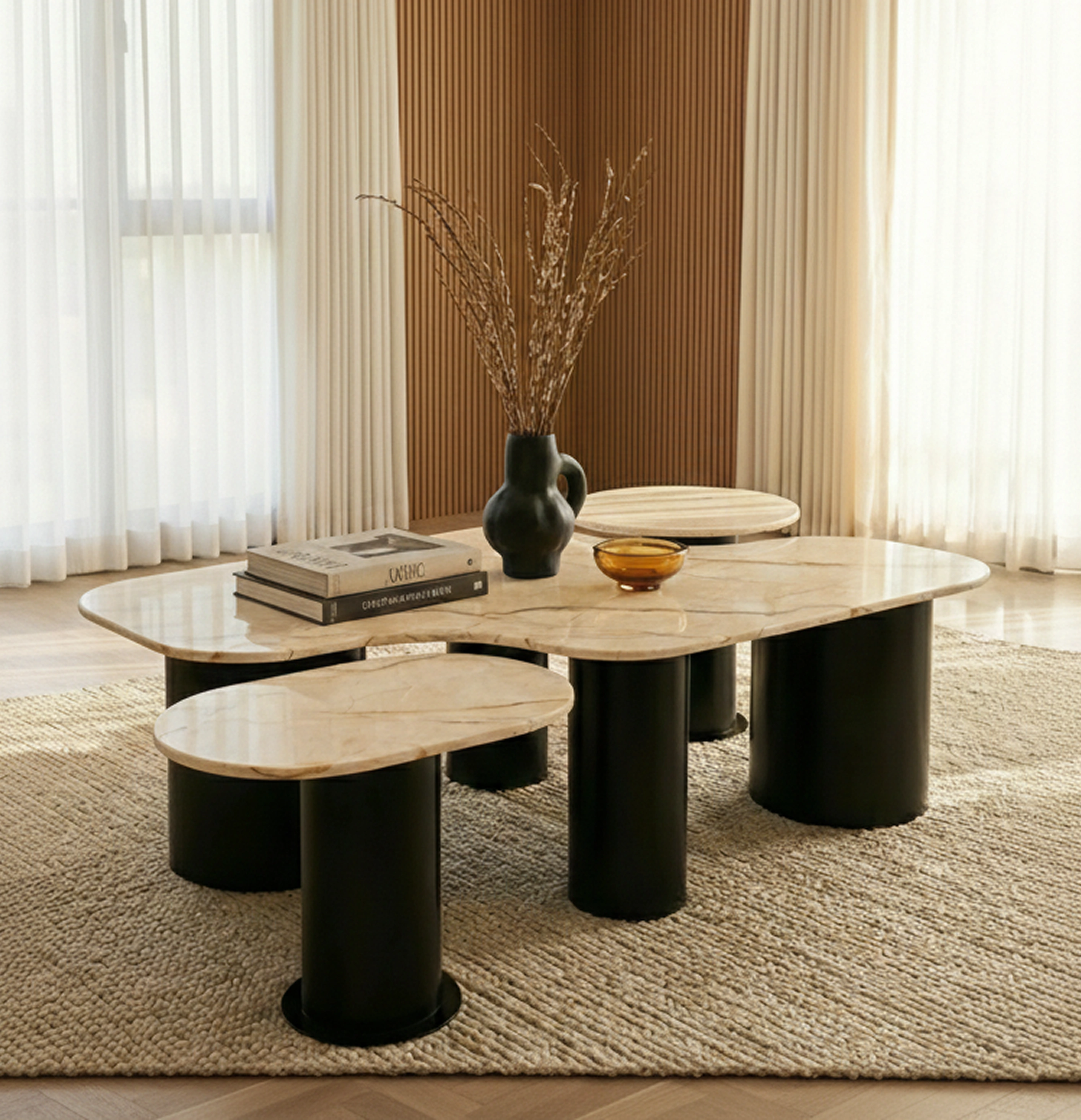 Custom Brass Inlay Artisan Center Table with Italian Marble