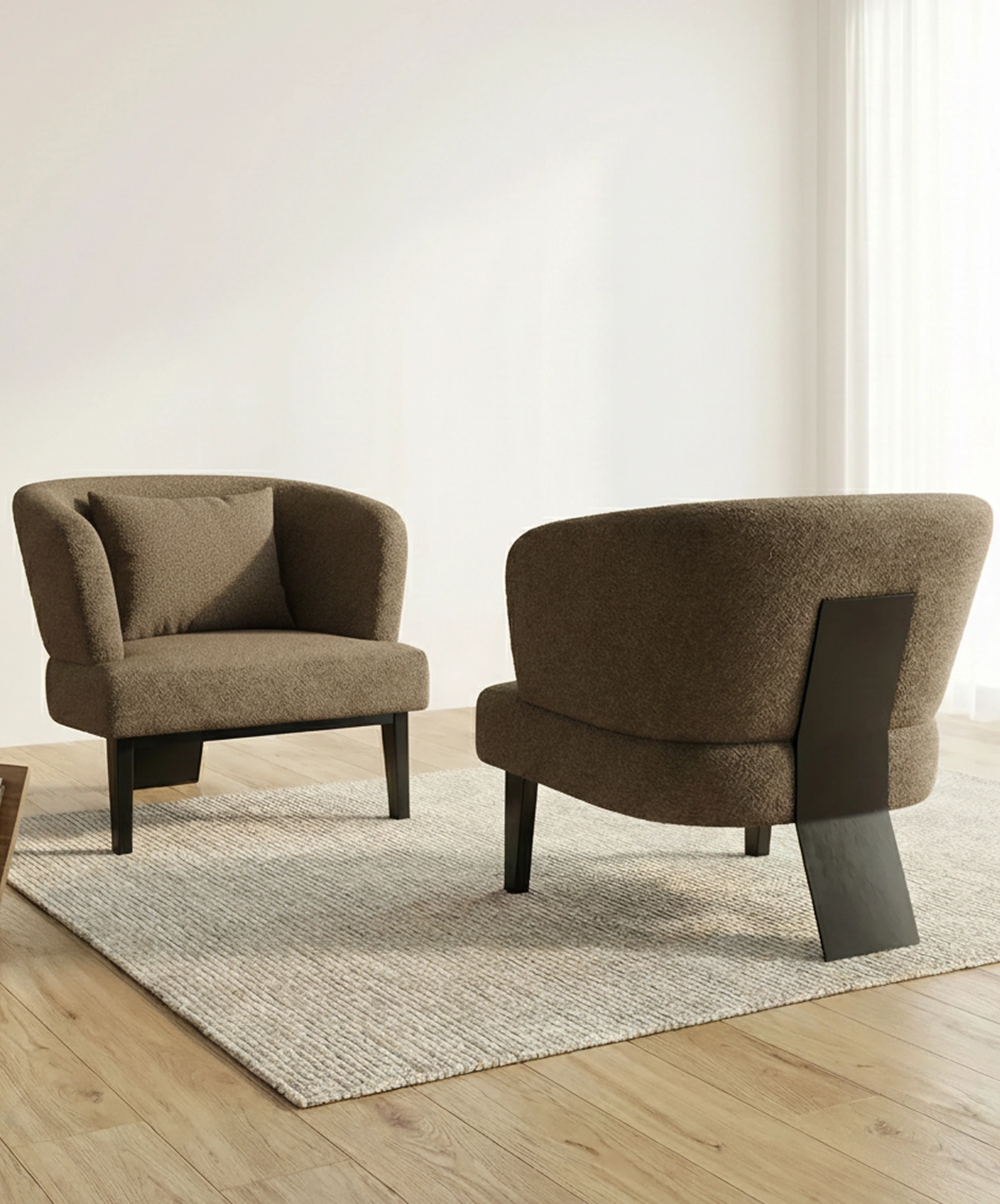 Sculptural Exotic Wood Artisan Lounge Chair with Boucle Upholstery